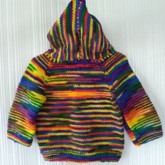 Handmade Knitted Colorful Sweater Cardigan Hoodie Crayon Buttons Hooded 12" P2P - Picture 4 of 10